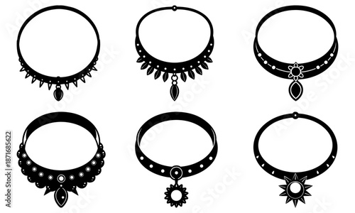 Six Black Choker Necklaces with Various Decorative Pendants on White Background jewelry 1