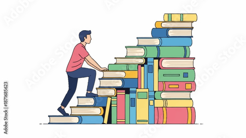 An individual climbs a metaphorical staircase of colorful books, representing the continuous pursuit of knowledge and academic growth.