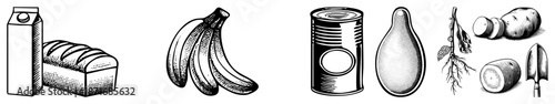 Black and White Vector Illustration of Food Items and Produce