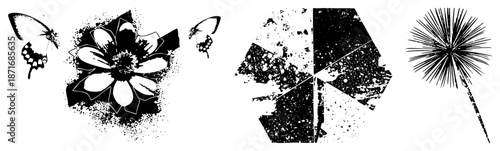 Abstract Black and White and Insect Silhouettes with Splatter Texture