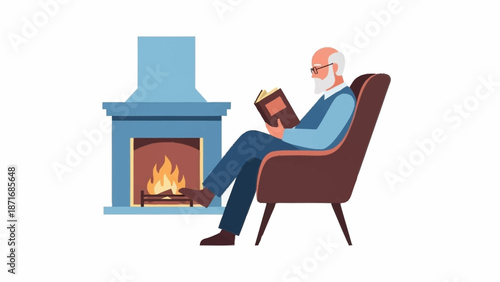 Peaceful senior man with a beard reading a book by a warm fireplace in a comfortable armchair.