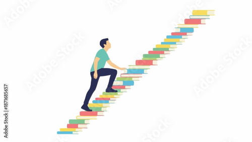 Illustrated person ascending a staircase built from a stack of colorful books, symbolizing knowledge.