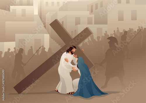 Biblical vector illustration series. Way of the Cross or Stations of the Cross, fourth station, Jesus Meets His Blessed Mother, Mary.