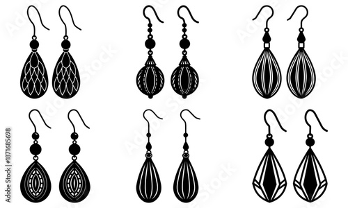 Set of ten decorative earrings with intricate patterns on white background black and white jewelry
