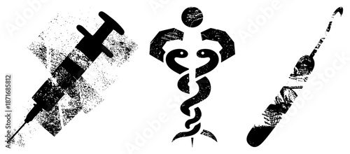 Medical Symbols Syringe, Caduceus, and Scalpel with Grunge Texture