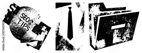 Grunge Styled SEO Tips Globe, Necktie, and Folder