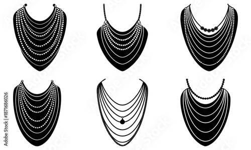 Set of six layered pearl necklace silhouettes on white background pearls jewelry