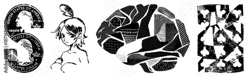 Abstract Black and White Graphic Design with Coin, Anime, Brain, and Card Motifs