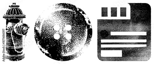 Vintage Halftone Fire Hydrant, Button, and Document Symbols