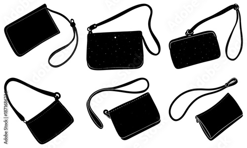 Six black crossbody bags with straps on white background purses handbags