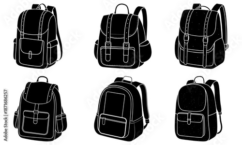 Five black backpacks with different on white background school bag backpack silhouette