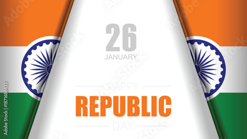 A patriotic design celebrating India's Republic Day on January 26th, featuring the national flag colors and Ashoka Chakra.