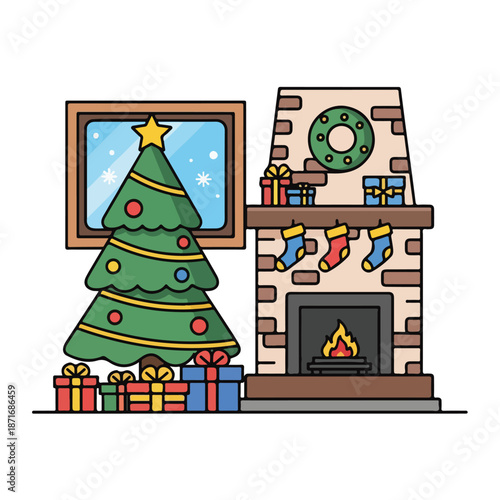 A cartoon Christmas scene with tree, presents, and fireplace
