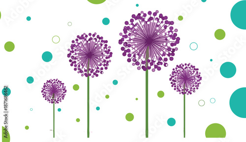 Stylized allium flowers with purple spherical blooms and green stems, abstract botanical vector for floral, nature, and spring themes