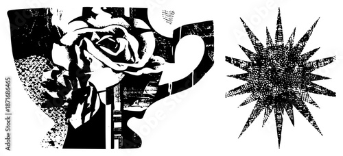 Abstract Rose and Starburst in High Contrast Halftone Vector Art