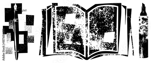 Vintage Writing Tools and Open Book with Halftone Texture