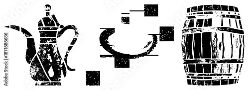 Vintage Coffee Pot, Teapot, and Wooden Barrel Stenciled Silhouettes