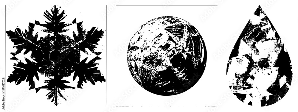 Obraz premium Abstract Geometric Snowflake, Sphere, and Water Droplet in Halftone Vector Design