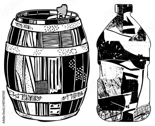 Wooden Wine Barrel and Plastic Beverage Bottle in Bold Art