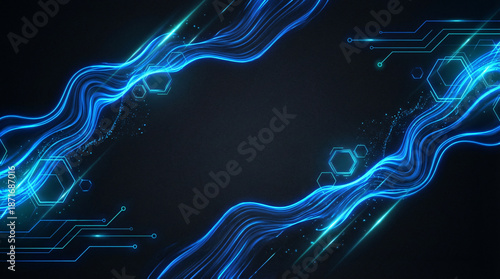 Abstract neon blue background in a futuristic digital landscape viewed, technological background