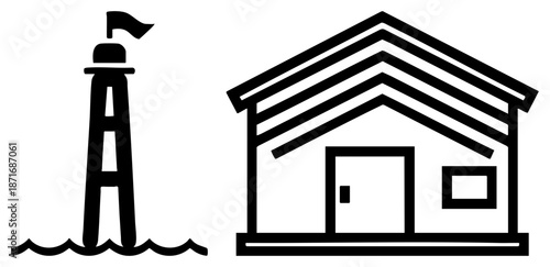 Lighthouse and Coastal Cabin Vector Set