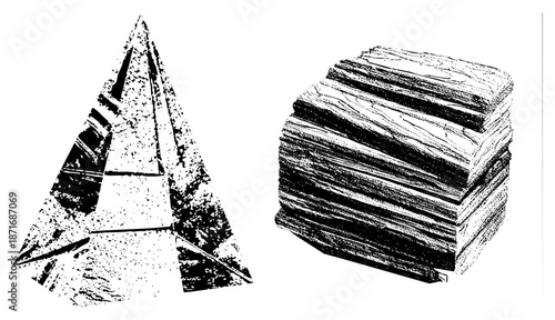 Geometric Letter A and Stacked Wooden Blocks in Halftone Vector Design