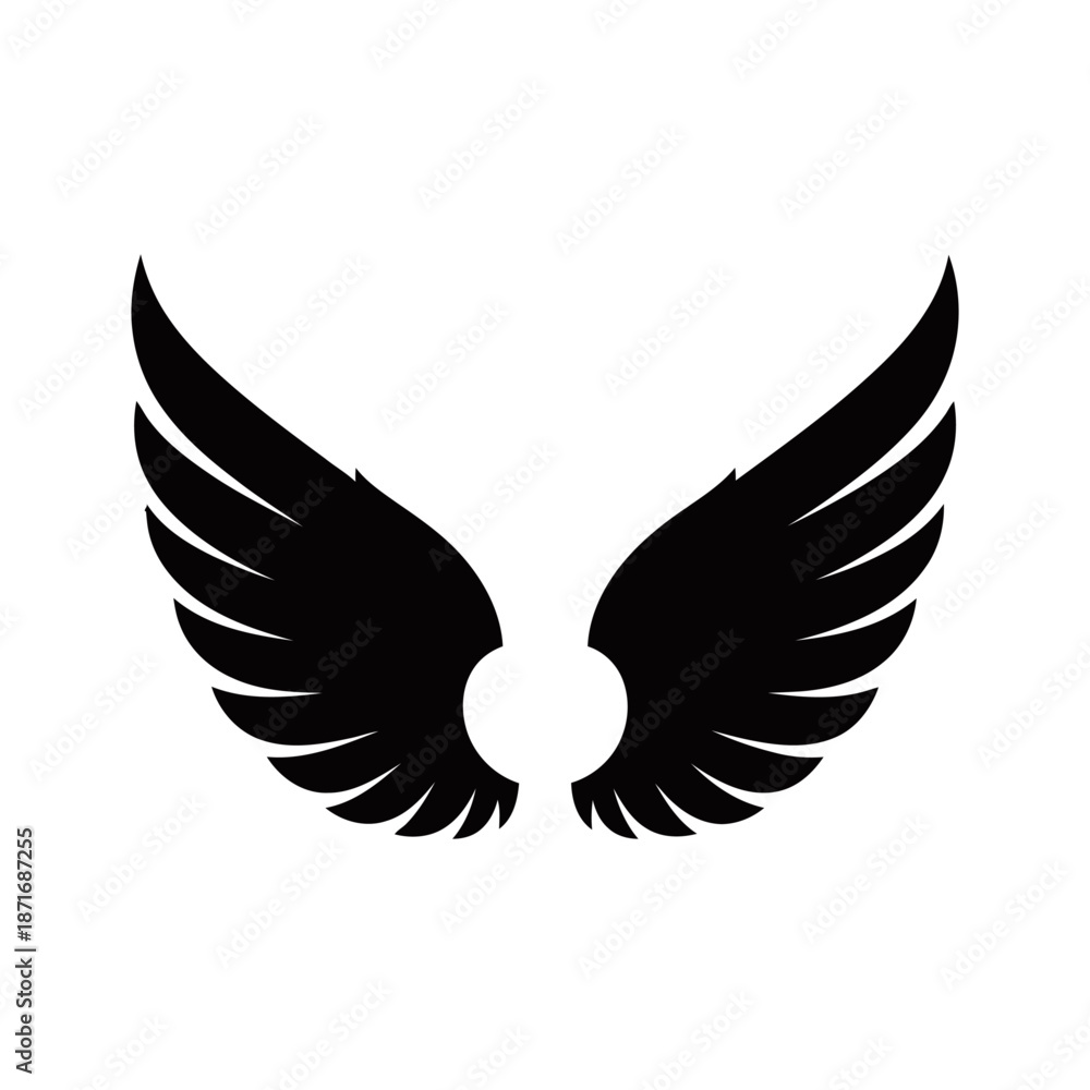 Fototapeta premium A pair of stylized black wings spread wide, symbolizing freedom, flight, and angelic grace on a white background.