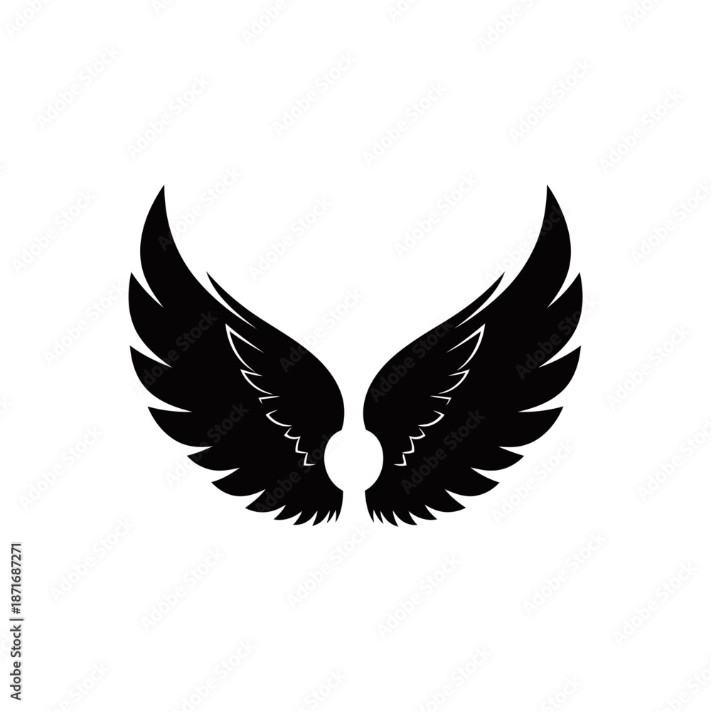 Obraz premium A striking black silhouette of a pair of angel wings spread wide against a white background.