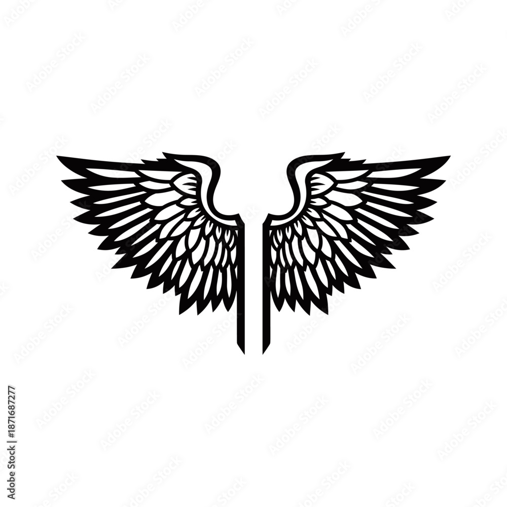 Fototapeta premium A symmetrical black and white illustration of a pair of spread angel wings.