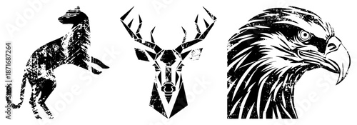 Bold Animal Silhouettes with Distressed Textures Wolf, Deer, and Eagle Heads