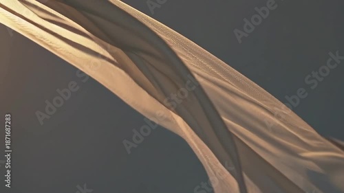 Cinematic sensory atmosphere, soft volumetric light passing through translucent fabric, floating dust particles, warm calm color palette, shallow depth of field, tactile visual feeling