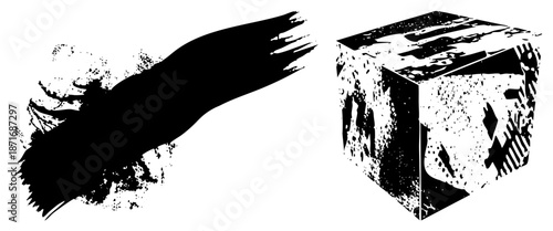 Abstract Black Ink Splatter and Textured Cube Vector Art