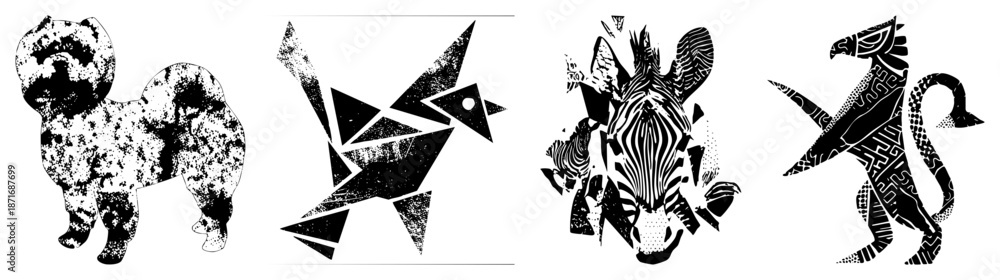 Fototapeta premium Abstract Geometric Animal Silhouettes in Black and White Vector Art
