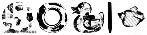 Vintage Style Graphic Featuring Duck, Pen, and Abstract Shapes