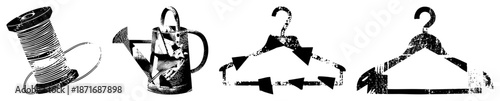Vintage Thread Spool, Watering Can, and Coat Hangers in Halftone Vector Style