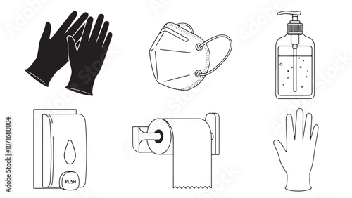 Personal hygiene and sanitation safety kit featuring medical gloves face mask hand sanitizer and soap dispenser for corporate health compliance and facility management.