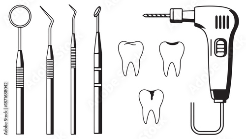 Professional dental surgery equipment set featuring clinical mirrors probes and high-speed drill for dentistry healthcare business management and medical supply chain marketing.