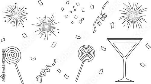 Celebration themed vector set with fireworks, confetti, party streamers, lollipops, and cocktail glass, festive line art for holiday events