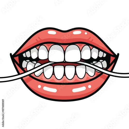 A cartoon illustration of lips and teeth with floss