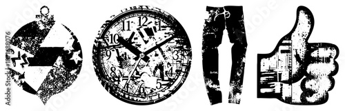 Vintage Grunge Lightning Bolt, Clock, Jeans, Thumbs Up Symbols