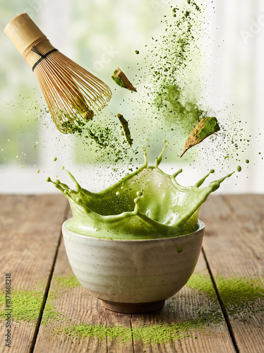 Dynamic splash of green matcha latte being whisked in a ceramic bowl on a wooden table