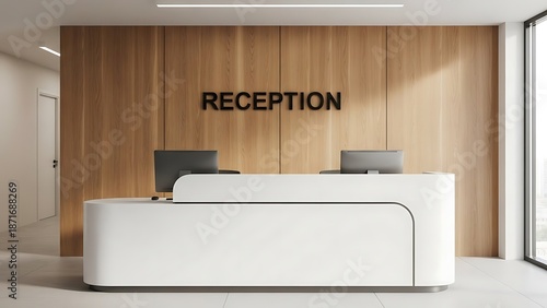 White reception desk with computers and wooden wall office