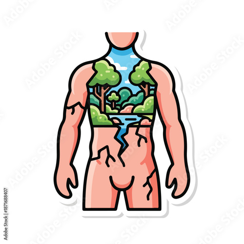 A cartoon man with a scenic landscape inside his torso