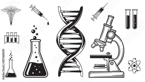 Professional laboratory science research and biotechnology icon set featuring microscope DNA helix and chemical test tubes for pharmaceutical industry development and medical business branding.