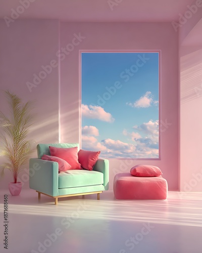 Tranquil Interior: Soft Light on a Contemporary Lounge Area with Armchair, Ottoman, and Window Views of a Dreamy Sky, Conveying Serenity and Relaxation in a Minimalist Space