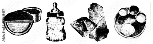 Vintage Halftone Illustration of Baby Bottle, Ceramic Bowl, Crumpled Paper, and Thali Plate
