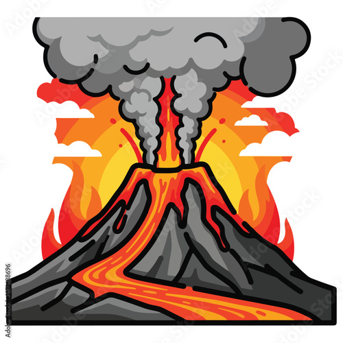 A cartoon volcano erupting with lava and smoke