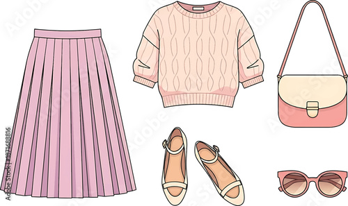 Vector fashion set featuring a pink pleated skirt, peach sweater, heeled sandals, crossbody bag, and sunglasses on a white background.