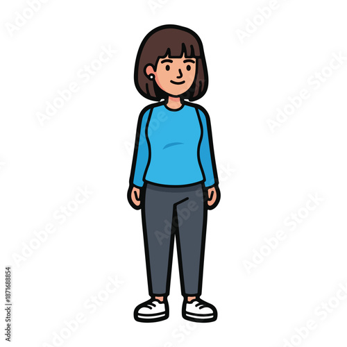 A cartoon woman with brown hair and blue shirt