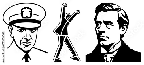 Three Black and White Vector Portraits, Dancer, Historical Figure